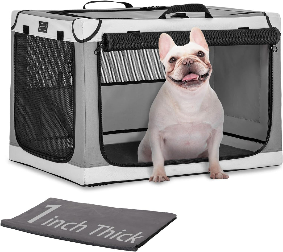 PETSFIT Portable Dog Crate for Medium Large Dogs - 24.0"L x 18.0"W x 17.0"H / Light Gray(With Mat)