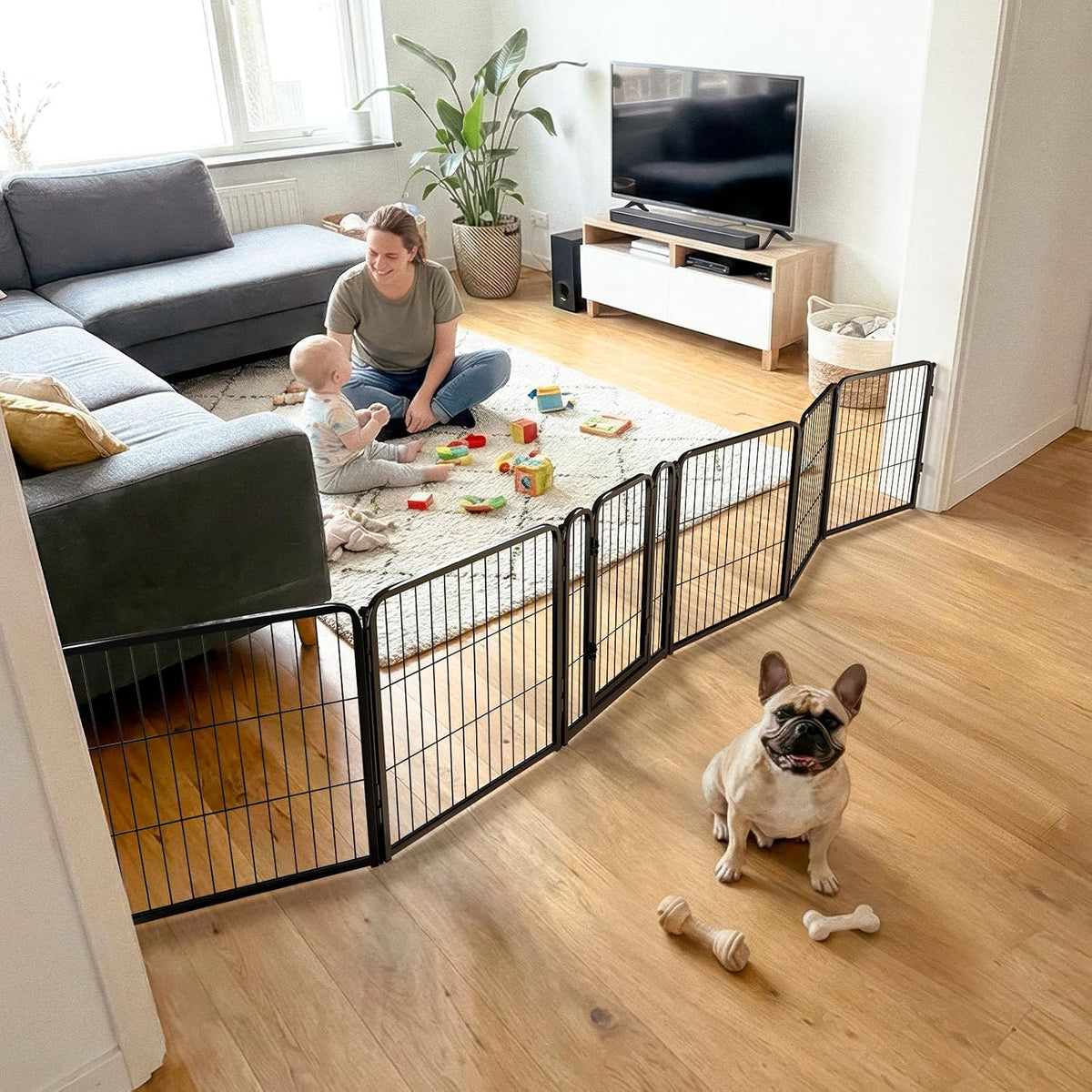 FXW Dog Gate, Extra Wide Adjustable for Openings Up to 219" - Black / Up to 137" W【5 Panels + 1 Door】 / 24"H