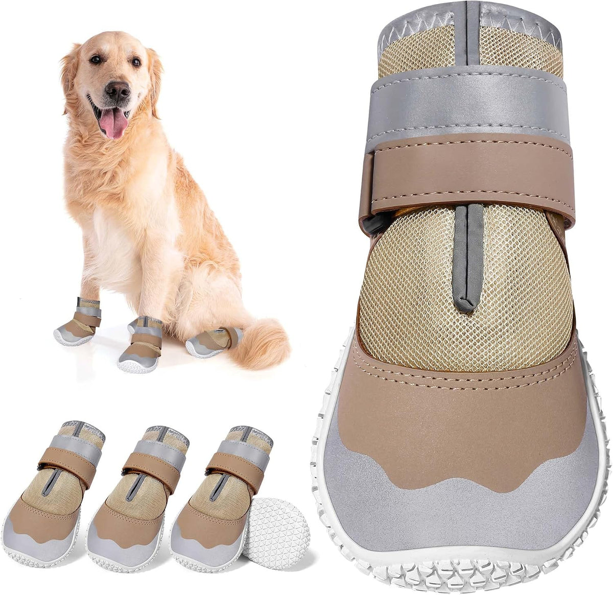 DcOaGt Dog Shoes Large Size Dogs - Khaki-Reflective / Size 8:for paw width 3.0-3.2 inches (Pack of 4)
