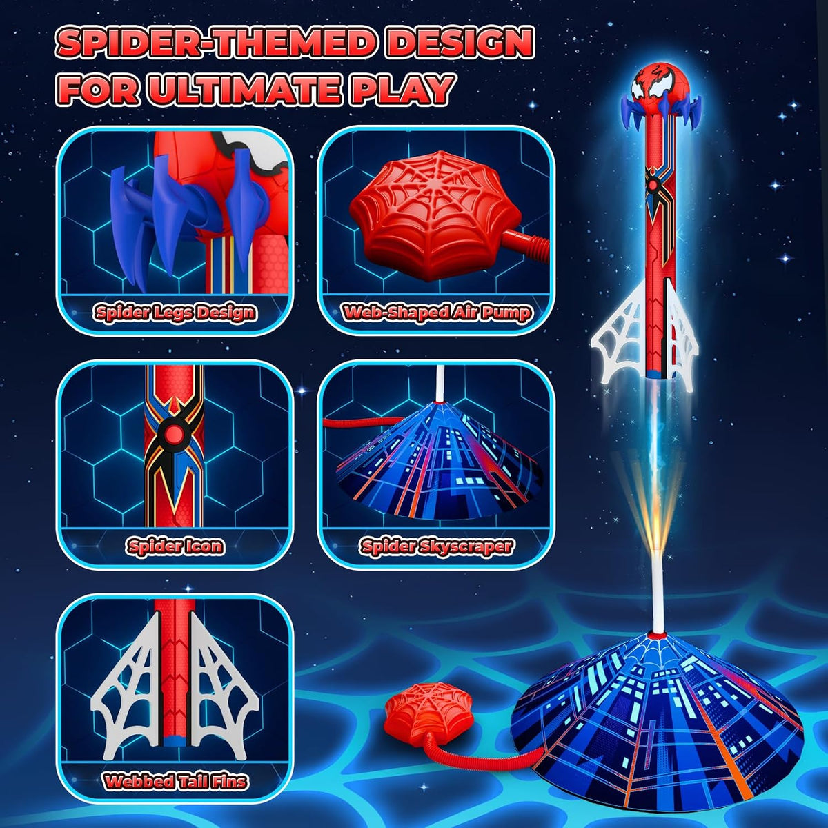 Spider Rocket Launcher for Kids, 4 Rockets with Web Air Pump - Child-sized - image 3