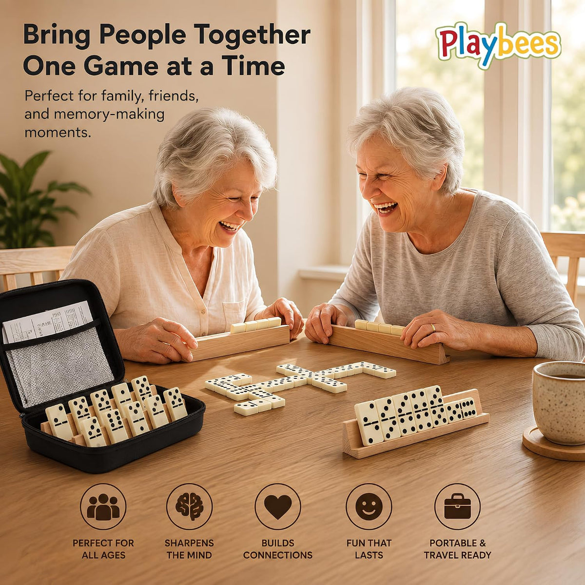 Jumbo Double Six Dominoes Set for Adults, Black Tiles - Double-6 | White | Case + 4 Wooden Racks - image 4