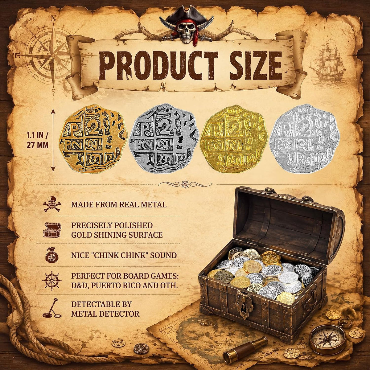 Hicarer metal pirate coins, 35 Spanish doubloon replicas in bronze, gold and silver - view 3
