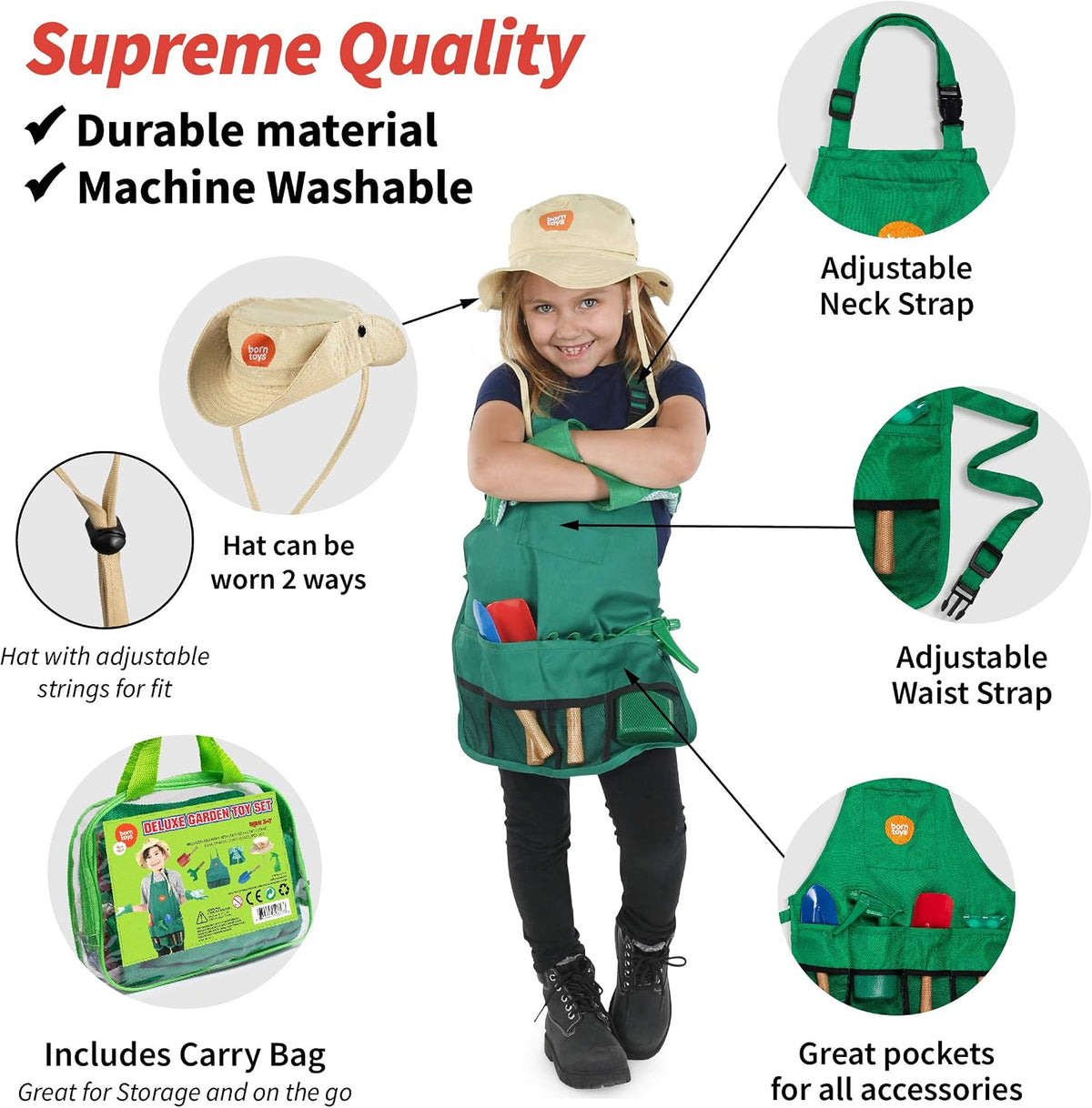 Born Toys kids gardener costume with apron, hat, gloves, shovels, rake and spray bottle - view 2