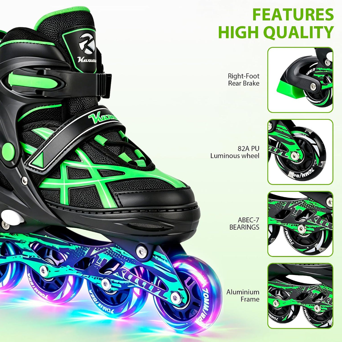 Kuxuan Boys Adjustable Inline Skates with Light up Wheels for Kids - Stripe Green / Medium(Kids 13-3 US) - image 2