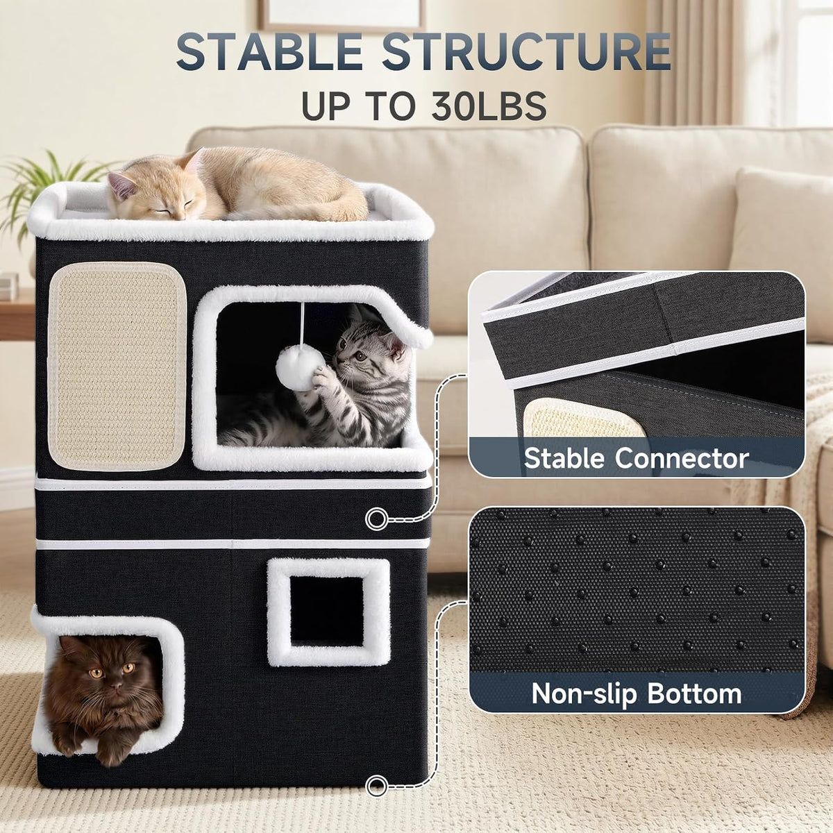 Shikha 2 Story Cat Bed House for Indoor Cats with Scratch Pads Black – Essentials for Cats - Black / Double / Without Heating Pad - image 4