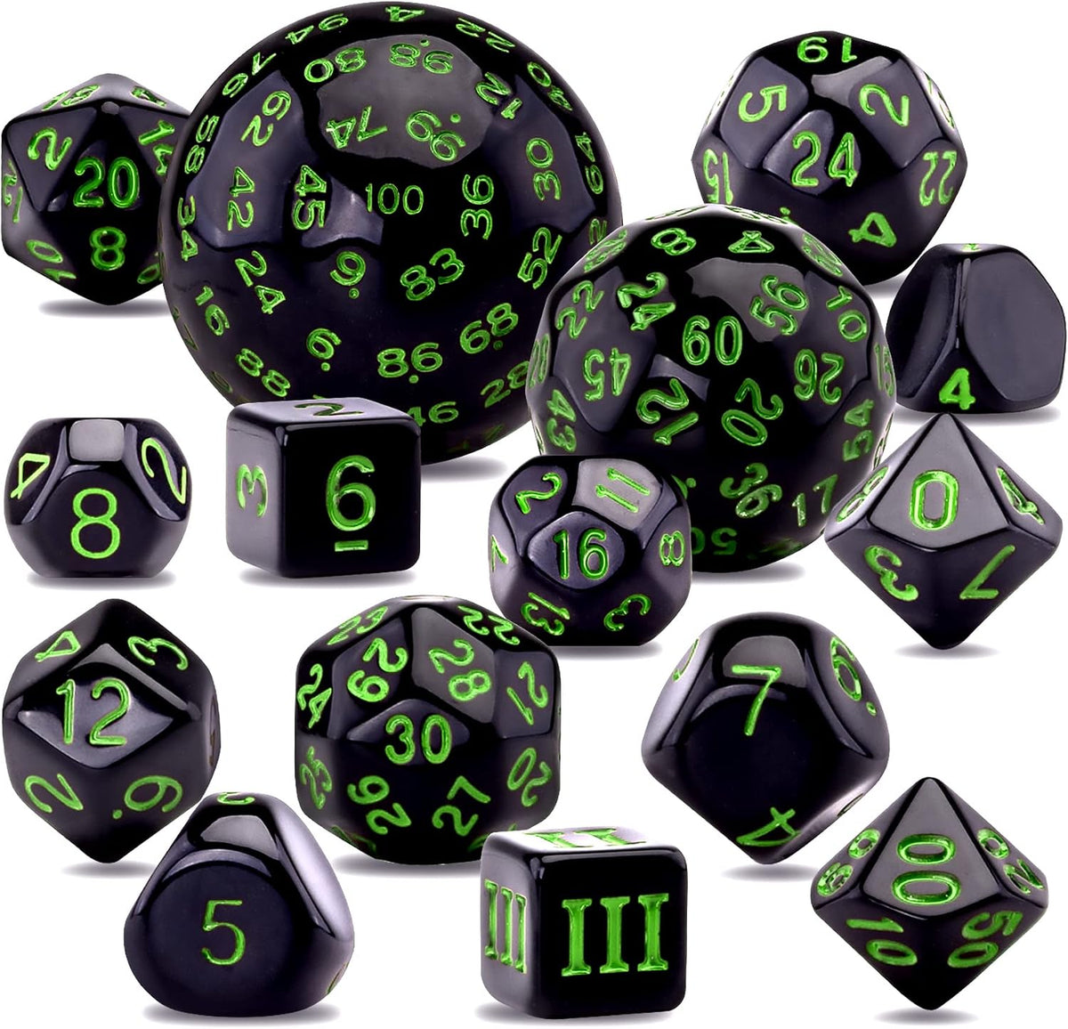 AUSTOR 15 Pieces Complete Polyhedral Dice Set D3-D100 Game Dice Set – Fun for Kids & Family - Black & Green