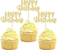 Gyufise 24Pcs Happy Birthday Cupcake Toppers Gold Glitter Celebrating - Gold