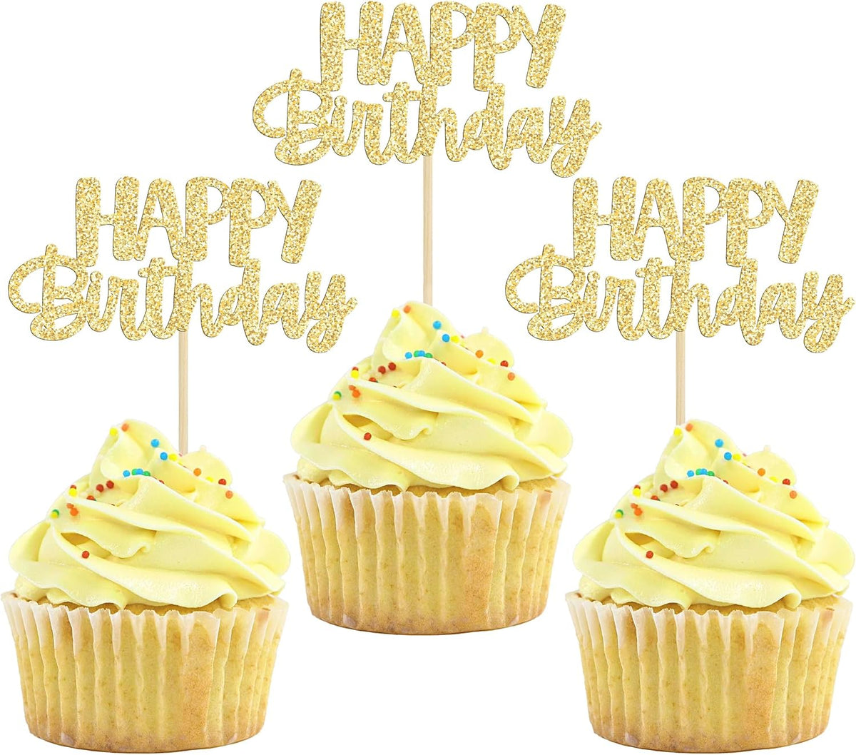 Gyufise 24Pcs Happy Birthday Cupcake Toppers Gold Glitter Celebrating - Gold