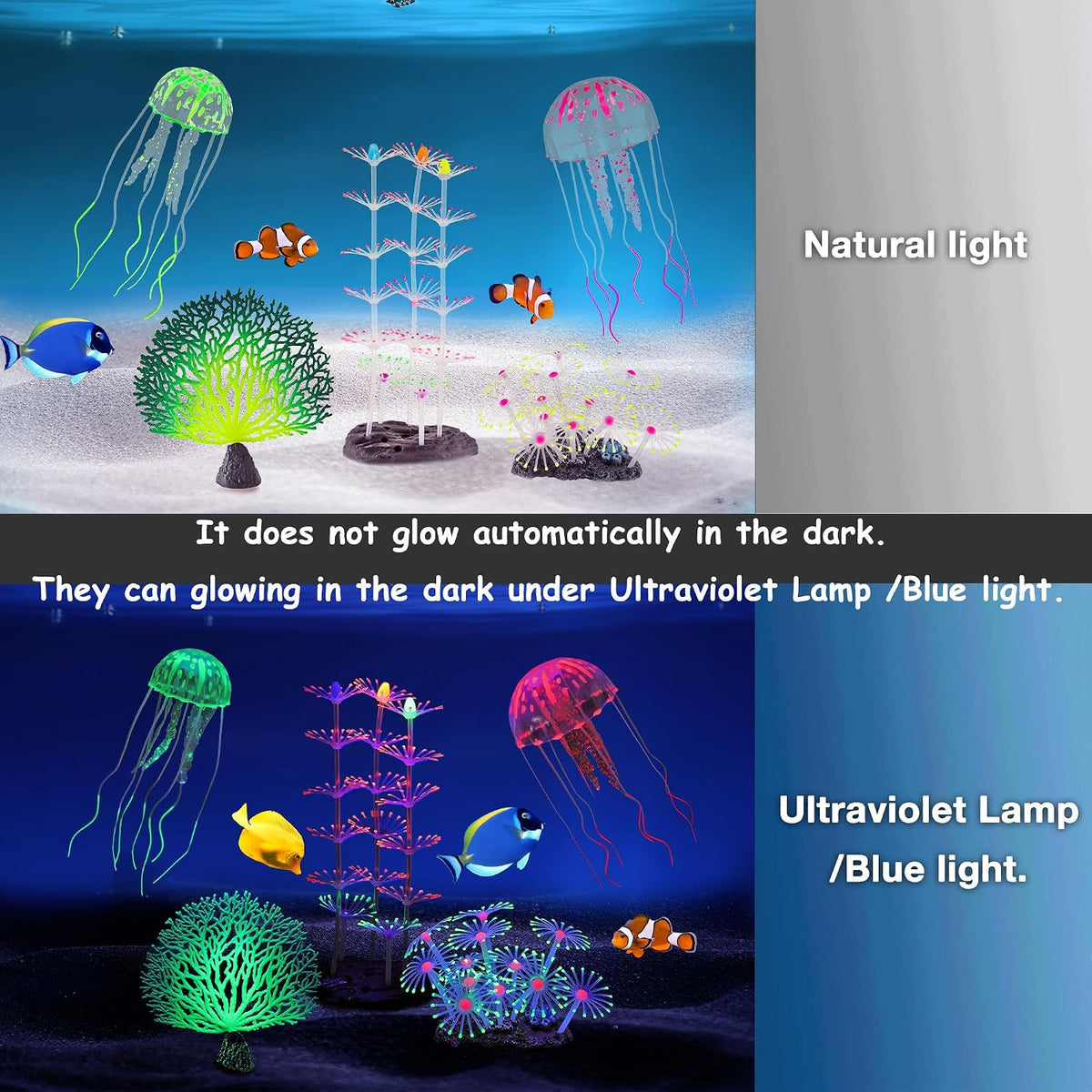 4 Pack Glow Aquarium Decorations Coral Reef Glowing Mushroom Anemone - 5 Pcs(branch Coral+coral Tree+coral And+2x Jellyfish) - image 2