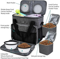 BAGLHER Dog Travel Bag, Pet Travel Bag (ALL Pet Travel Supplies), With 2 Pet Food Containers and 2 Collapsible Silicone Bowls; Essential Kits for Pet Travel Grey