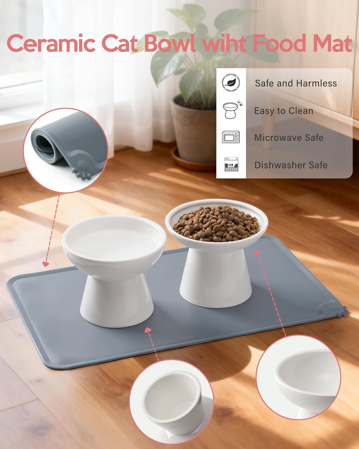 2-Pack Elevated Ceramic Cat Bowls Extra Wide for Food & Water – Essentials for Cats - White+Mat - image 3