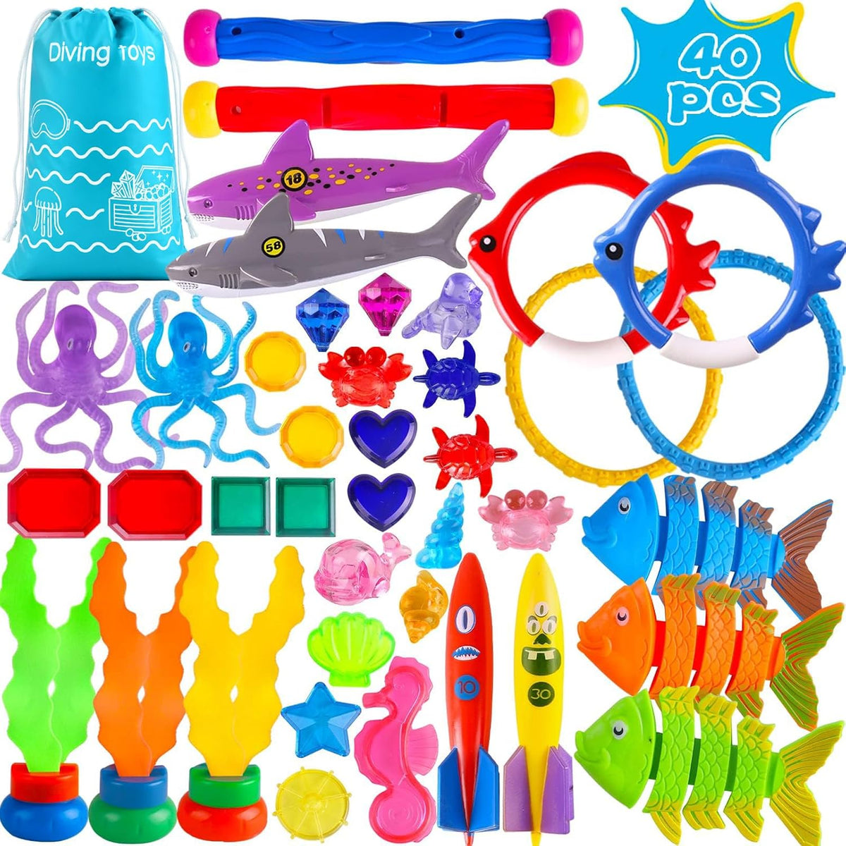 20Pcs Summer Pool Diving Swimming Toys for Kids Ages 3-12 - Green