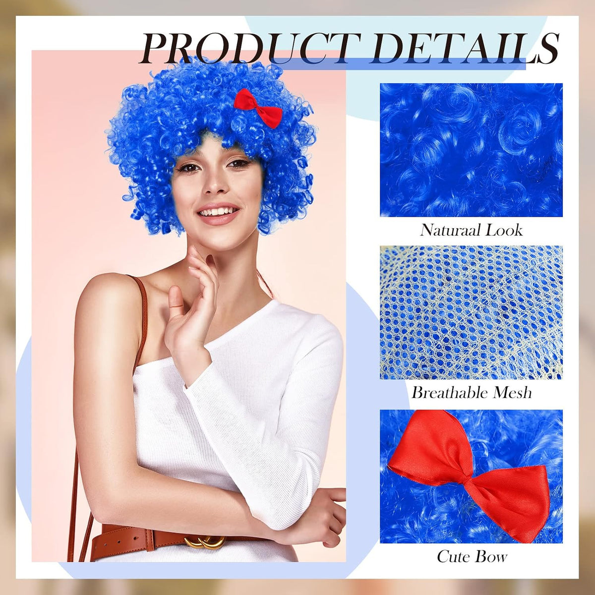 Jutom two sky blue curly afro costume wigs with red bows - view 6