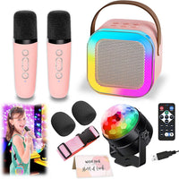 Karaoke Machine for Kids, Portable Bluetooth Speaker with 2 Wireless Microphones, 1 Disco Ball - pink
