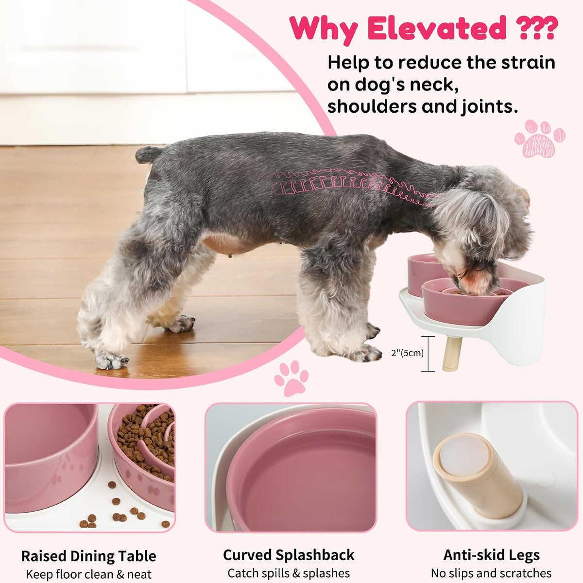 Elevated Slow Feeder Dog Bowls with Splash Proof Stand - Medium / Pink - image 3