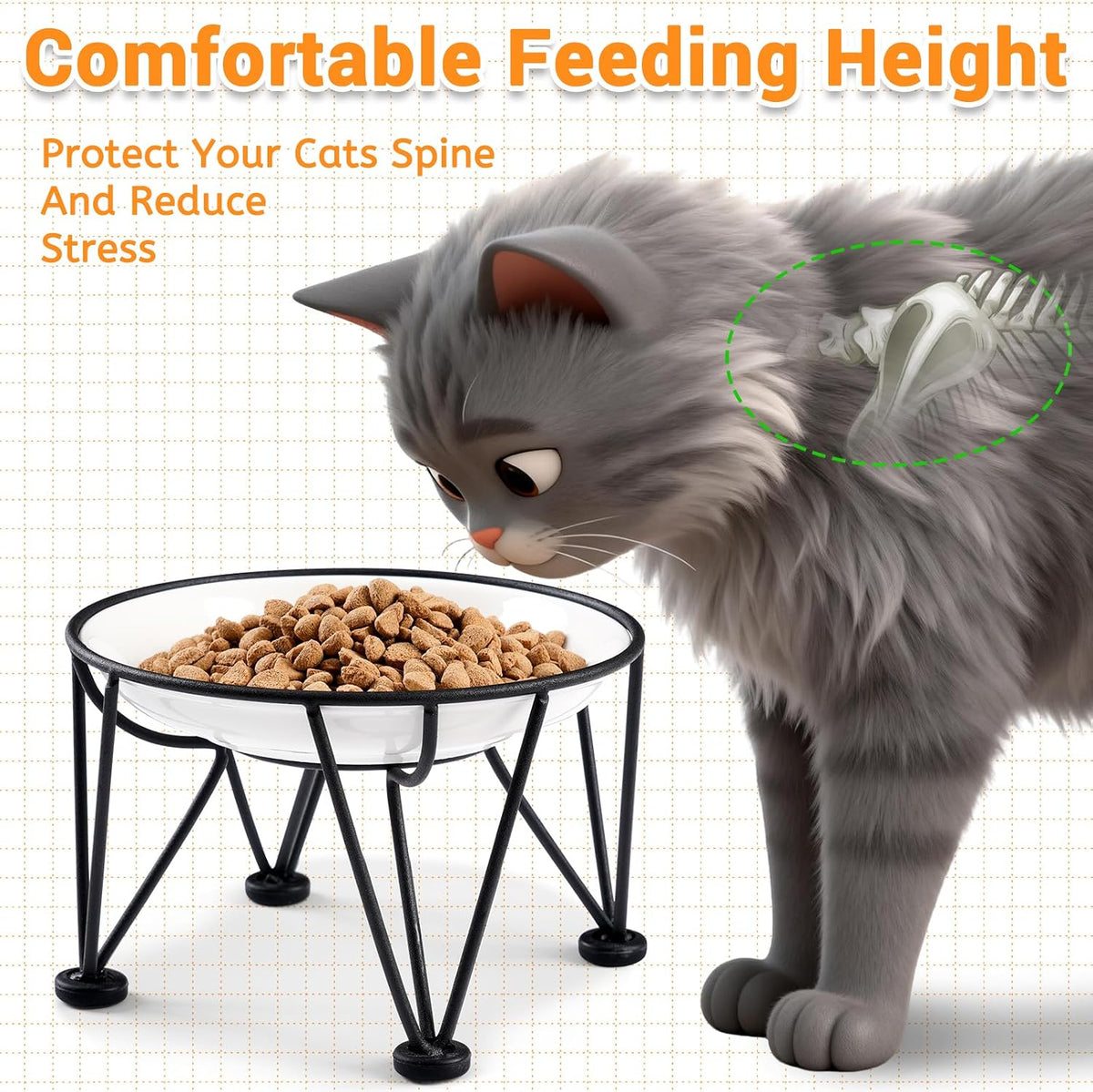 Ceramic Cat Bowls, Raised, Whisker Friendly - anti-slip raised dish,2 pack / fishbone+cat paw - image 2