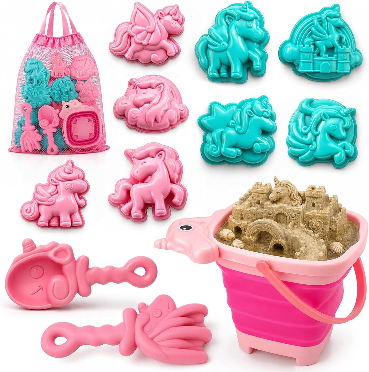 TOY Life 41-Pc Beach Sand Toy Set, Silicone Bucket & Shovels - 12pcs Unicorn Sand Toys