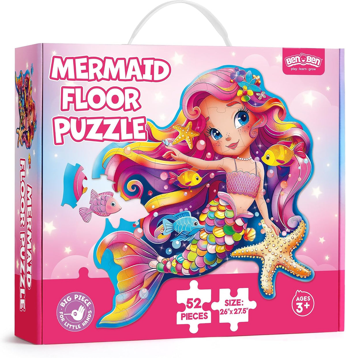 BenBen mermaid floor puzzle for kids, 52 large cardboard pieces with carrying box - view 3