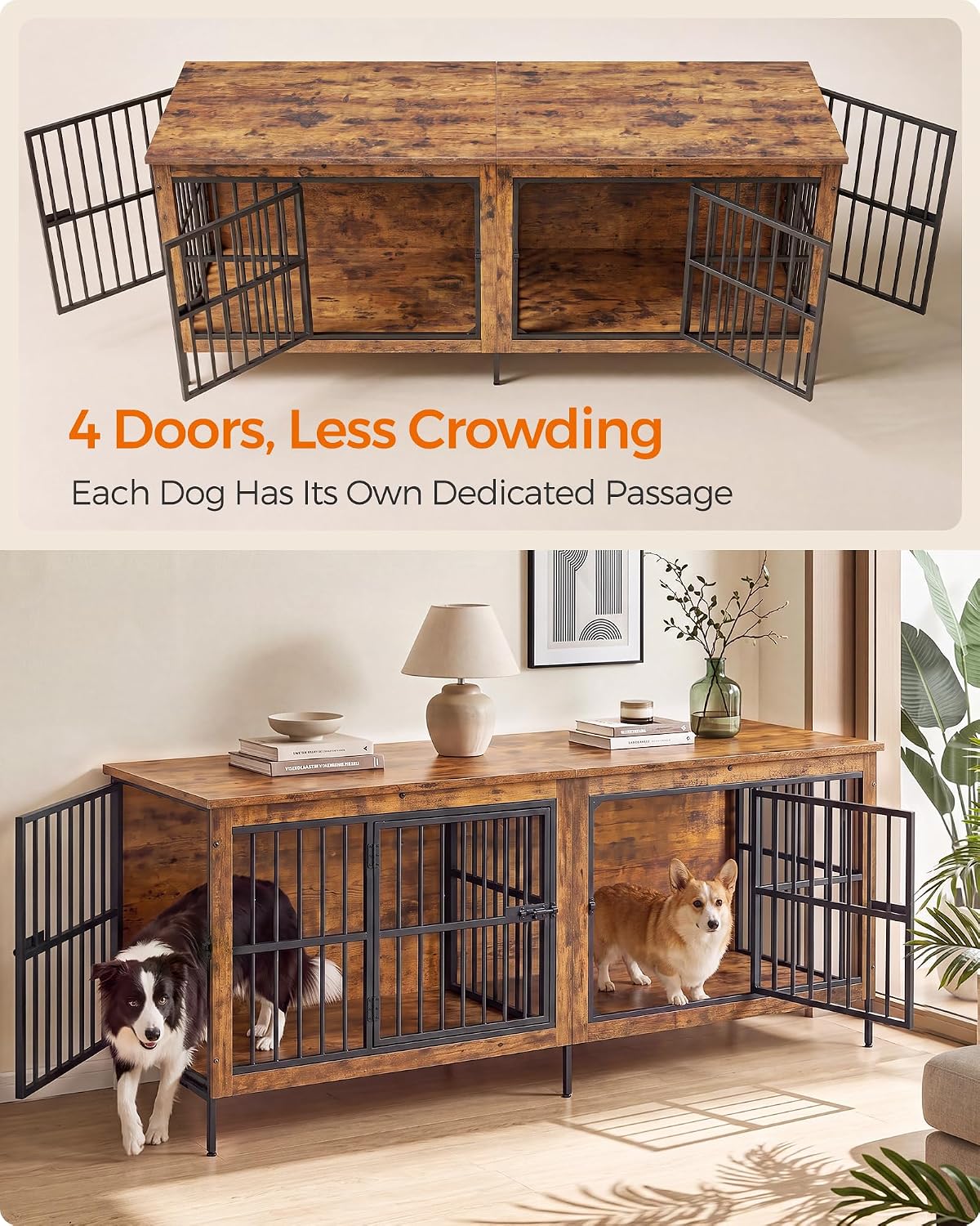 Feandrea 38" Dog Crate Furniture - Rustic Brown / 70.9"L x 23.6"W x 28.9"H - image 4
