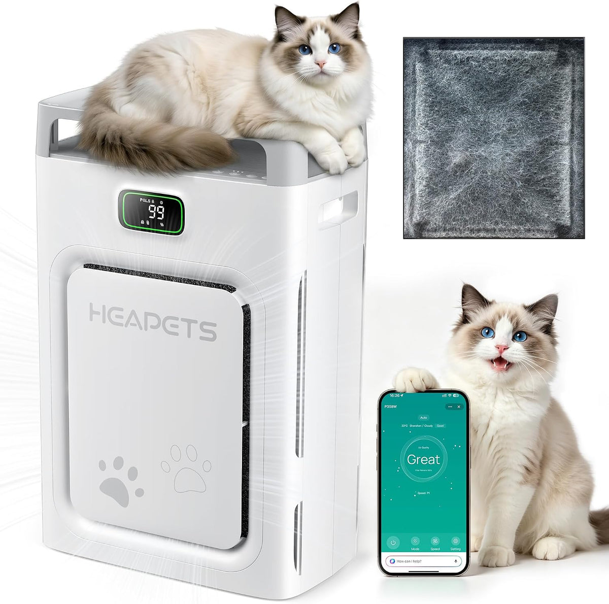 Pet Air Purifier for Home Large Room 2500 Sq Ft - White
