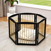 Freestanding Pet Gate for Dogs, Foldable Wooden Dog Gate for House, Extra Wide Indoor Pet Barrier for Stair, Doorway, Hall, Support Feet Included, 120 Inch Wide, 6 Panels 24",Black&Gold