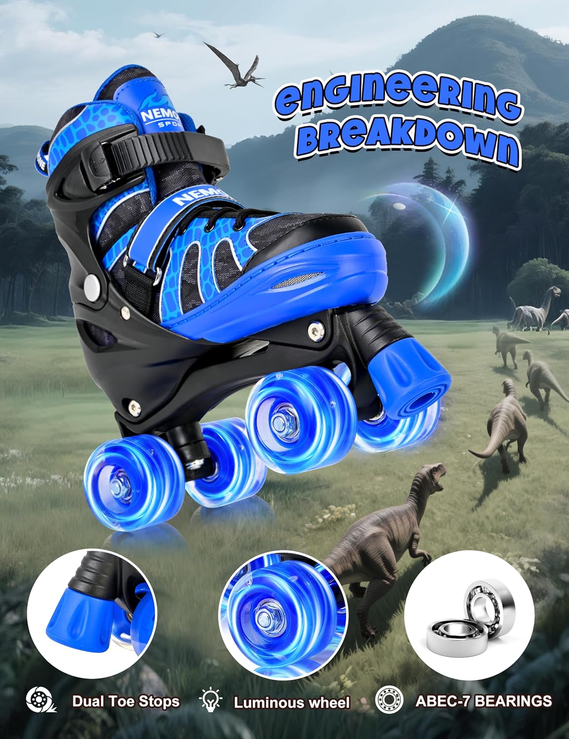 NEMONE Mermaid Adjustable Light up Roller Skates for Girls Boys – Fun for Kids & Family - B- Shadow Dinosaur / Small - Little Kid - image 3