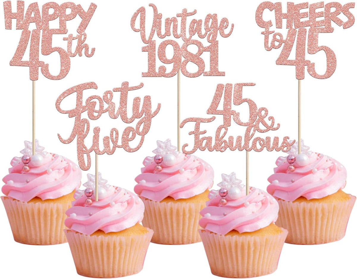 Rose gold glitter vintage 1946 cupcake toppers for an 80th birthday - view 8