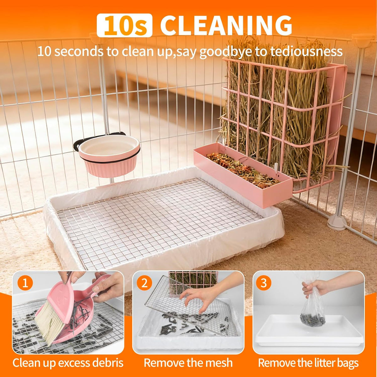 3 in 1 Guinea Pig Hay Feeder with Litter Box & Water Bowl - 10in set / Pink - image 2