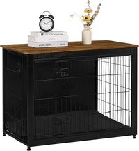 DWANTON Dog Crate Furniture with Cushion, Wooden Kennel Table with Double Doors, Indoor Dog House, Large Size, 38.5" L, Black+Warm Brown