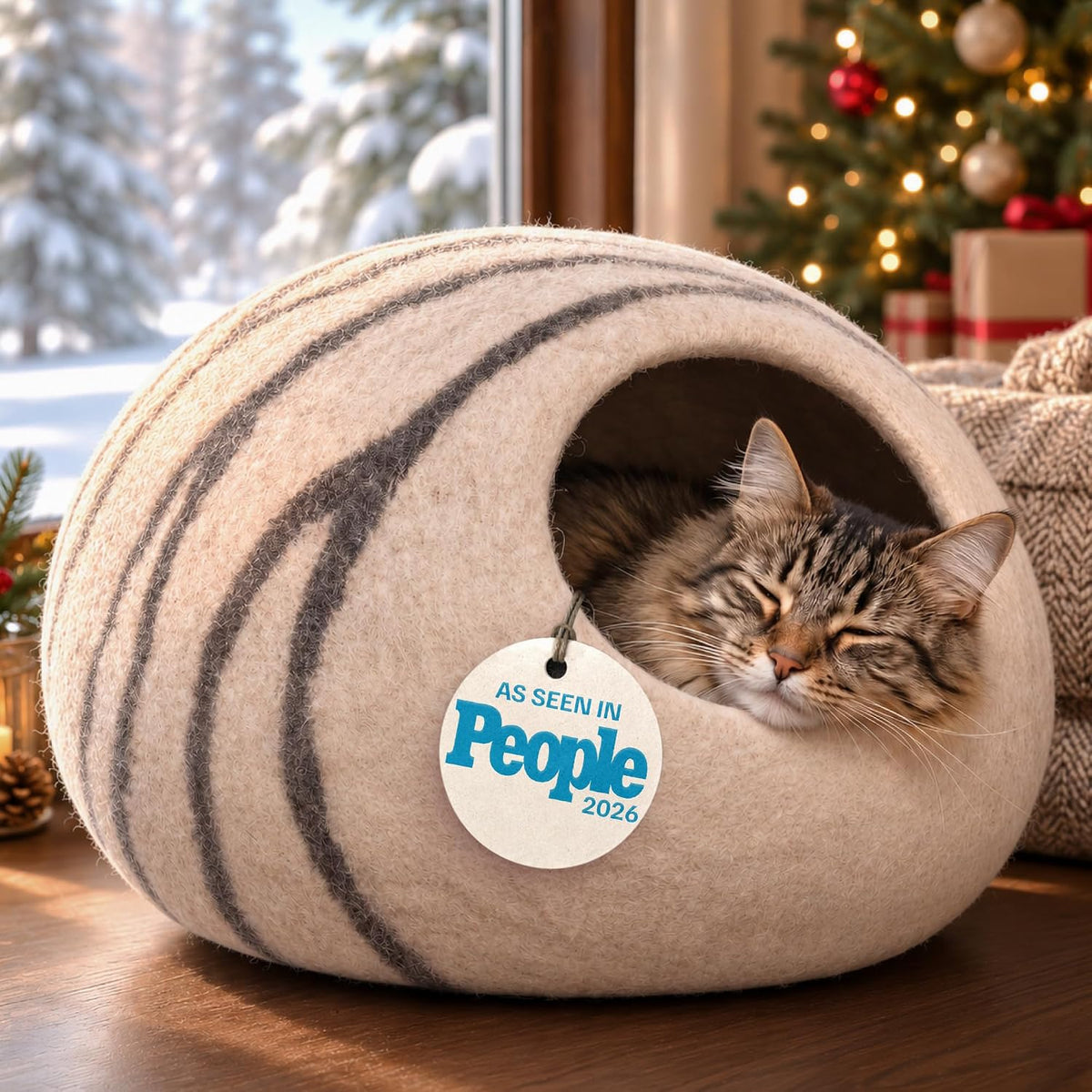 Cat Cave, New Zealand Wool Bed for Indoor Cats - Light Gray / Medium