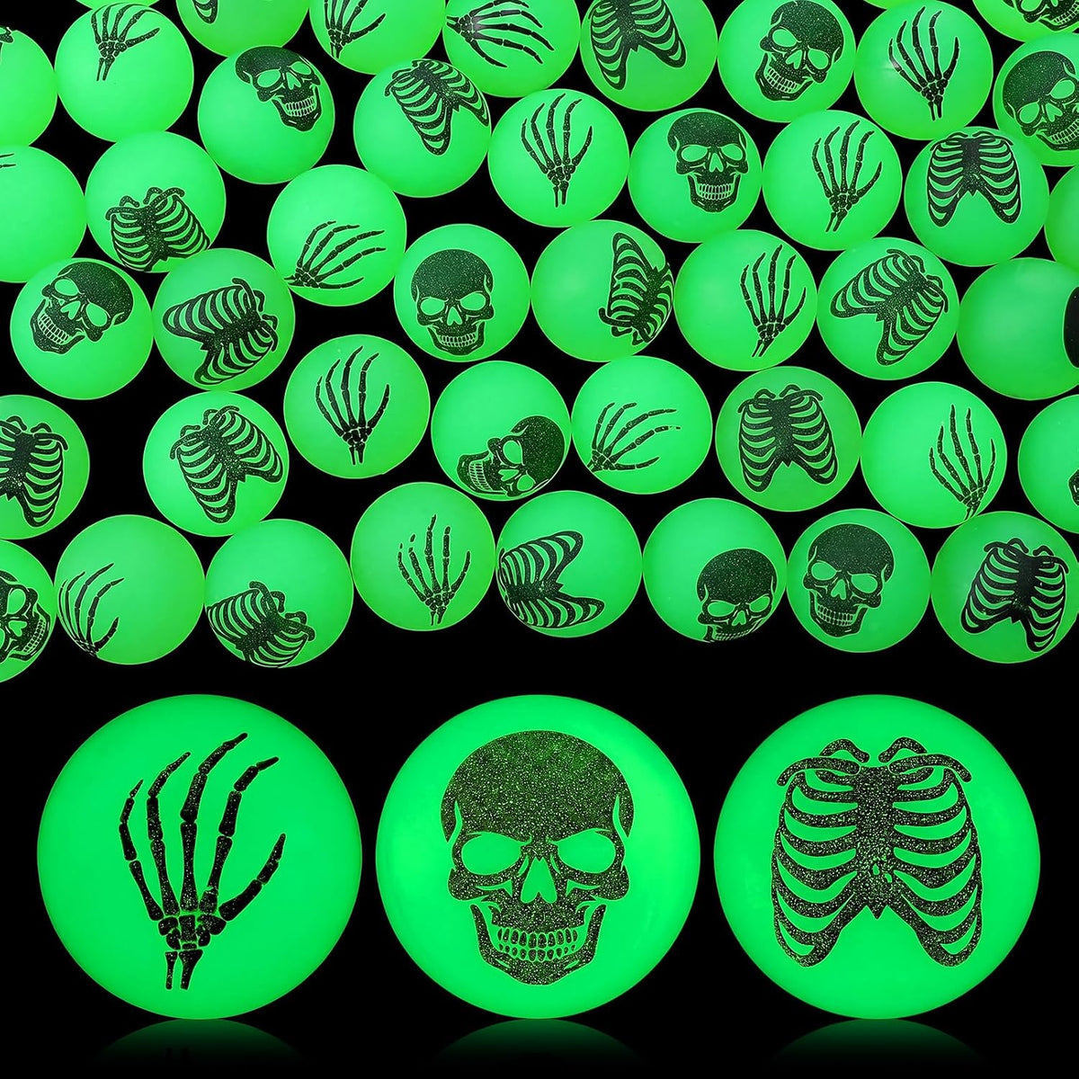 Seenelling 60 glow in the dark Halloween bouncy balls with skeleton print, green - view 9