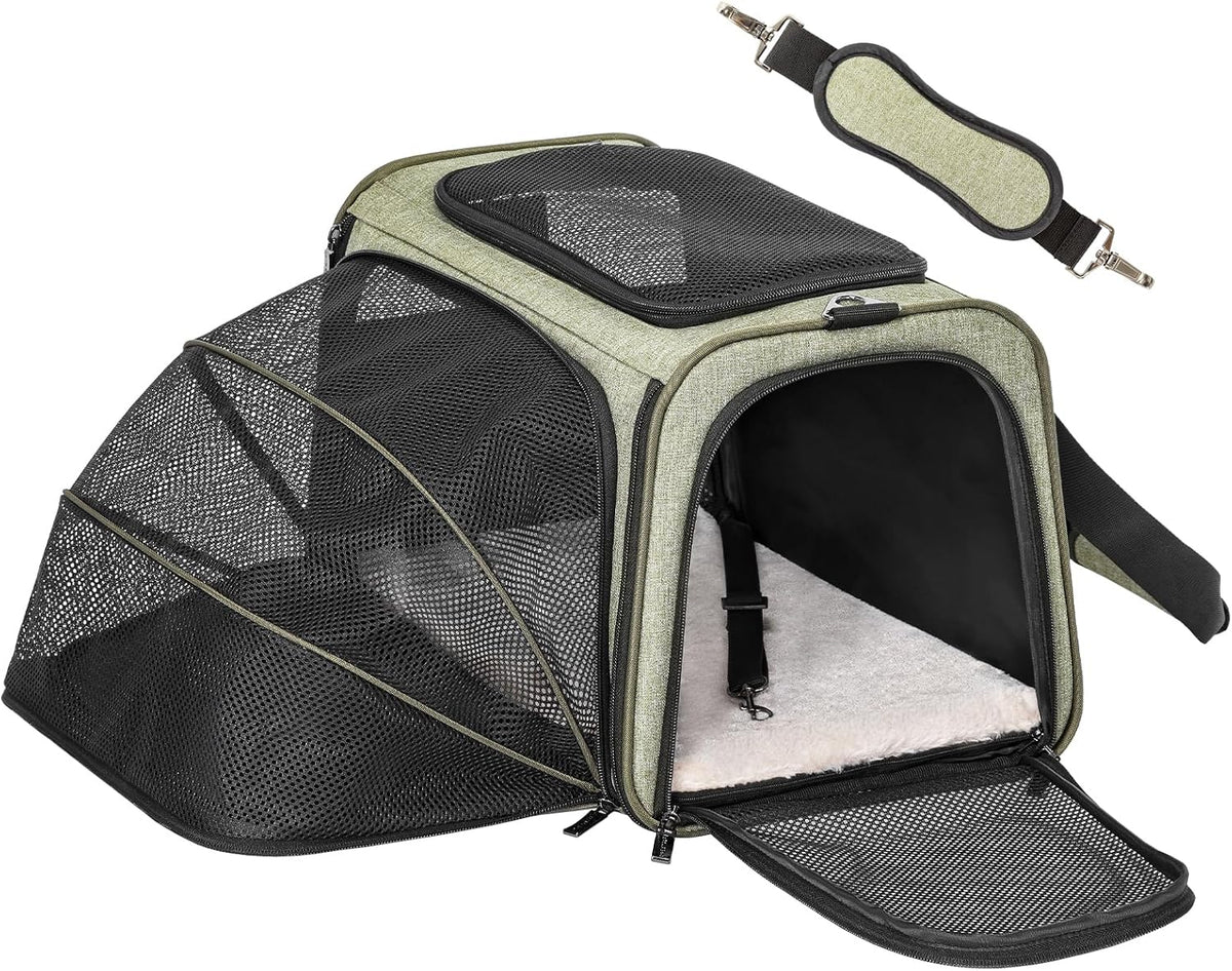 Petsfit Medium Expandable Cat Carrier for Air Travel - 17.0"L x 11.0"W x 11.0"H / Green