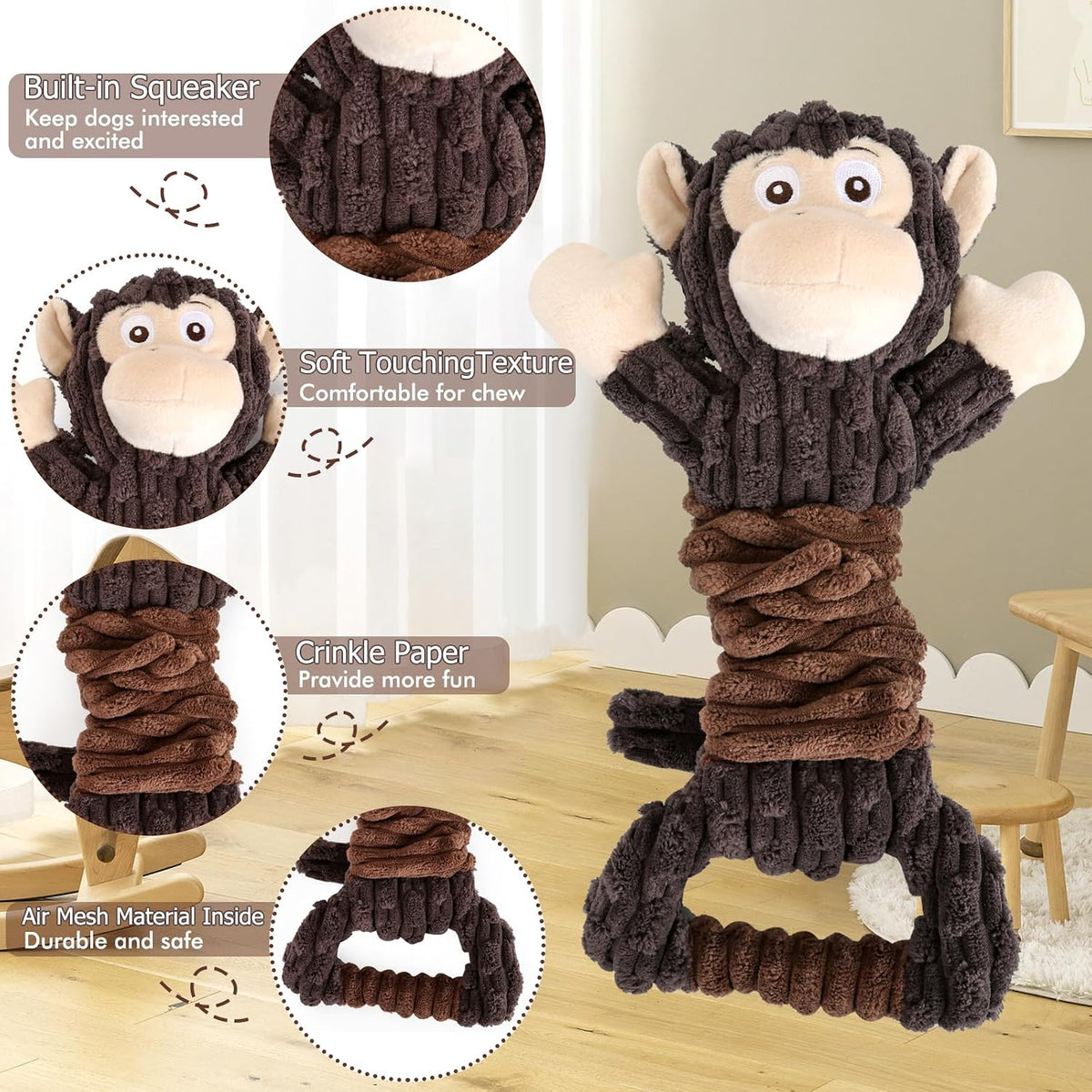 Letsmeet Plush Dog Toy with Crinkle Paper - Monkey - image 2