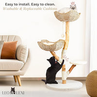 Real Wood Modern Cat Tree Tower, Cat Scratching Post with Bed for Indoor Cats Large Adult, Solid Wooden Climbing Tower, Cute Wicker Condo, Aesthetic Stand, Boho Luxury Pet Furniture