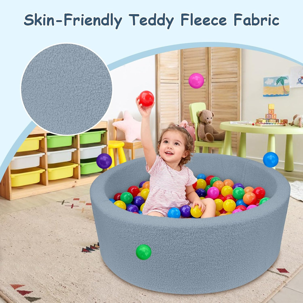 MEOGETY beige teddy fleece foam ball pit for toddlers with soft round walls - view 18