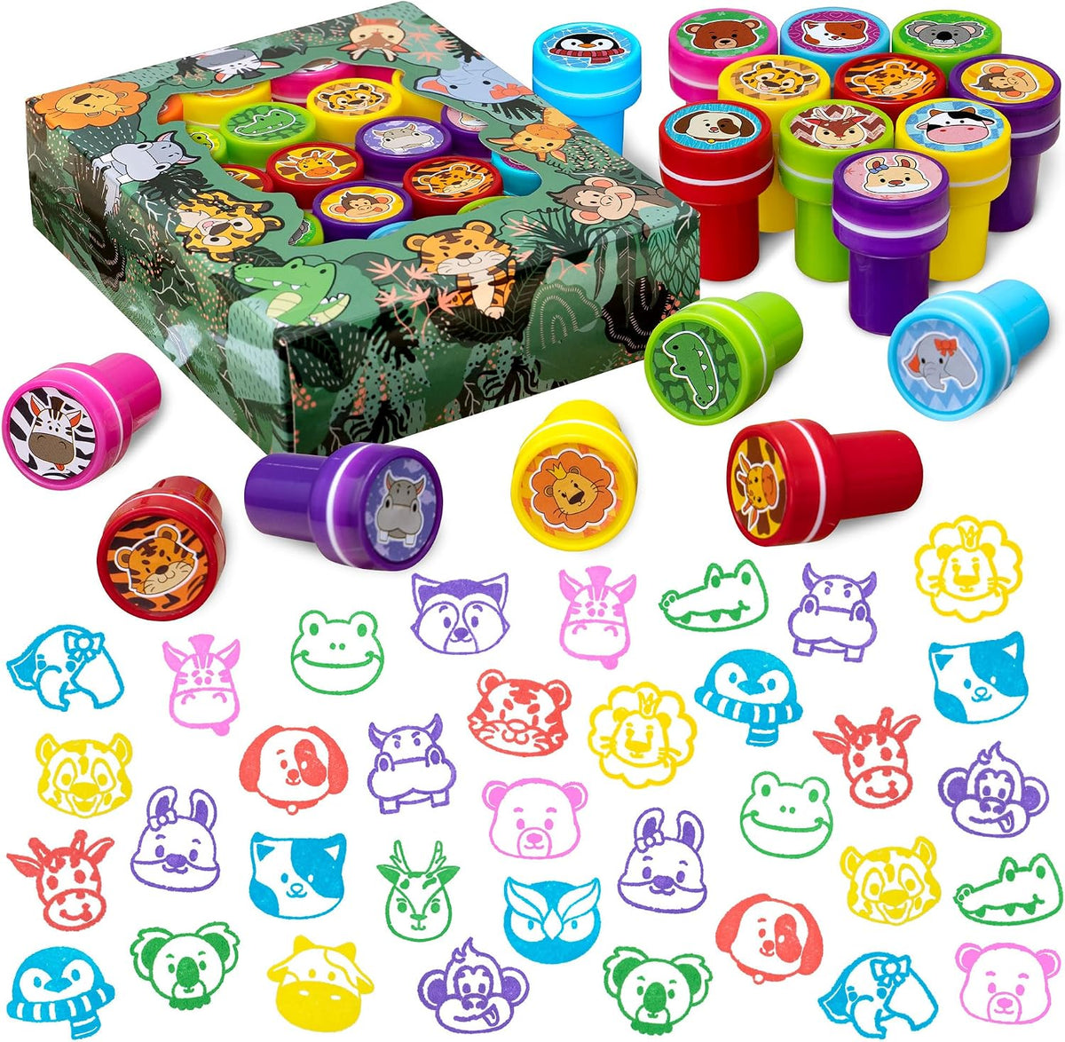 DMIGHT 20 piece self-inking safari animal stamps for kids in bright colors
