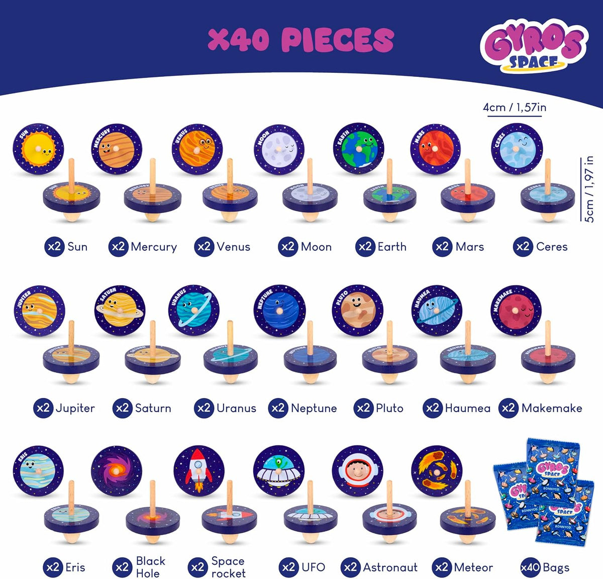 BONNYCO Wood Spinning Top 40 Pack of Animal Birthday Party Favors - Space / 40 Pack - image 3