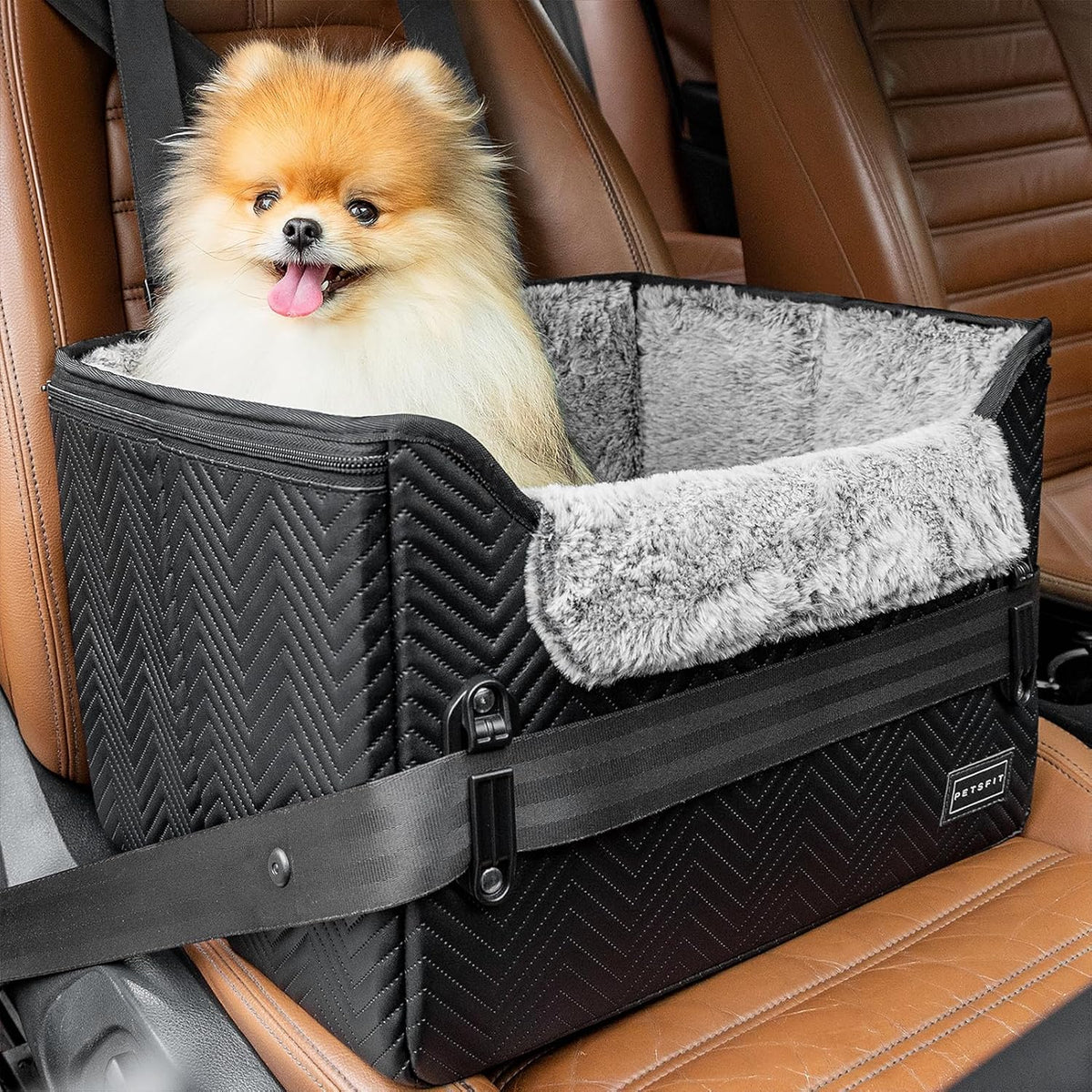 PETSFIT Dog Car Seats for Small Dogs, Patented Safety Buckles - Faux Leather / Glossy Black