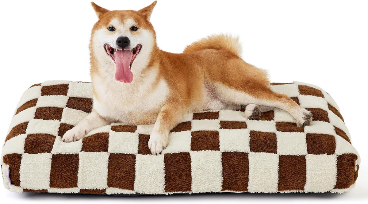 LE SURE Cute Aesthetic Dog Bed for Crate - 35.0"L x 22.0"W x 4.0"Th / Brown Checks