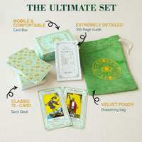 Erbacan beginner tarot cards deck with meanings printed on the cards, guidebook and green velvet pou - view 3