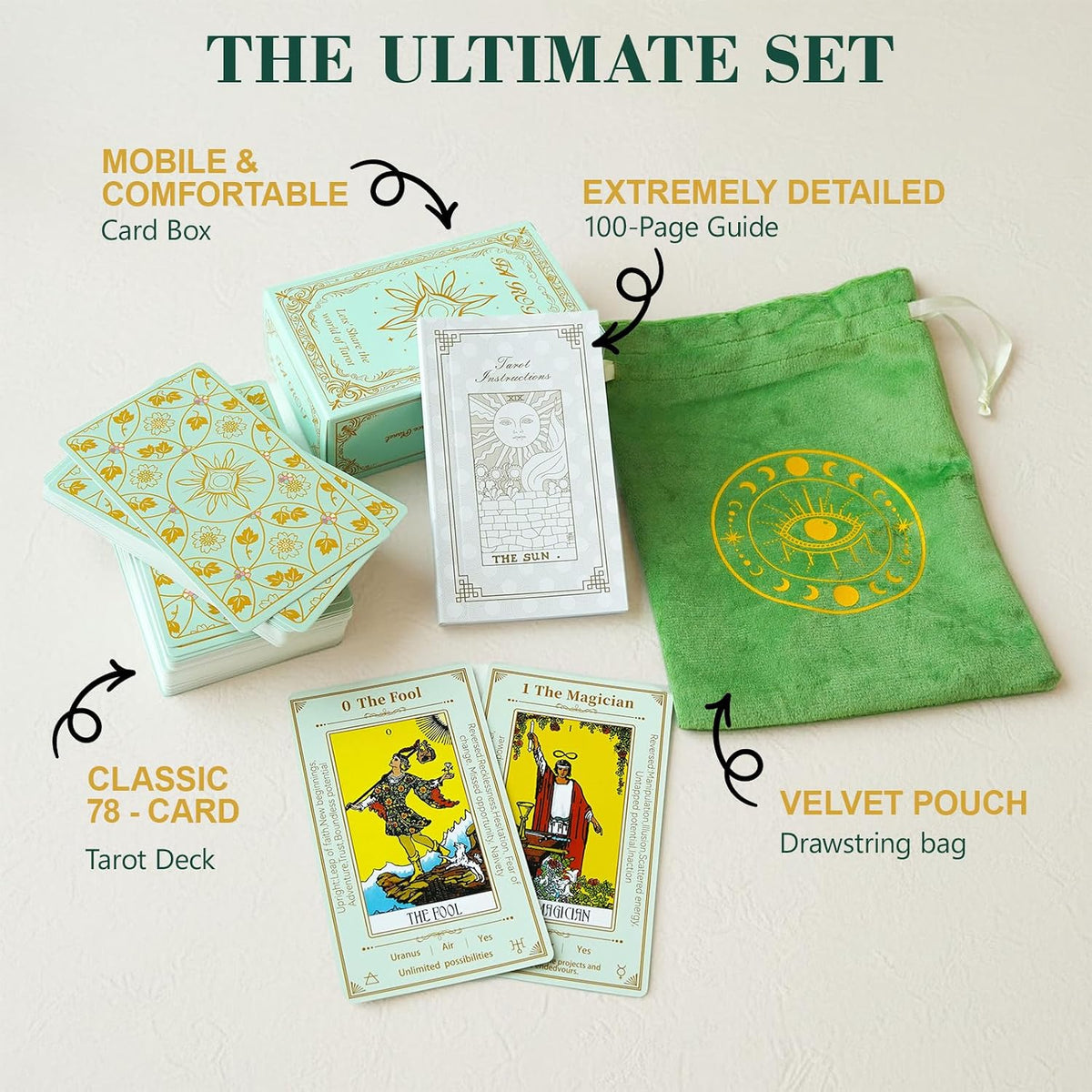 Erbacan beginner tarot cards deck with meanings printed on the cards, guidebook and green velvet pou - view 3