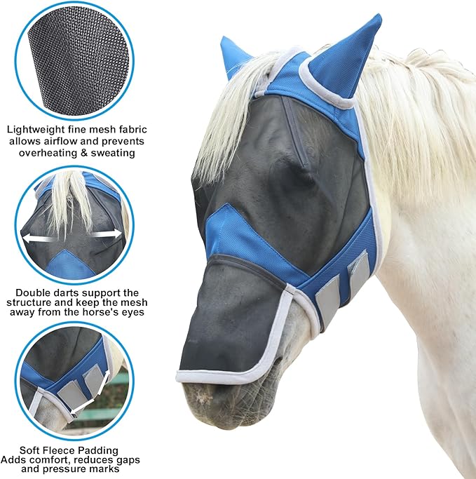 Horse Fly Mask with Ears & Long Nose Cover | Forelock Opening for Tangle-Free Mane Care | UV Protection & Breathable Mesh | No Rub Fit and Enhanced Visbility for Trail Riding RoyalBlue Full