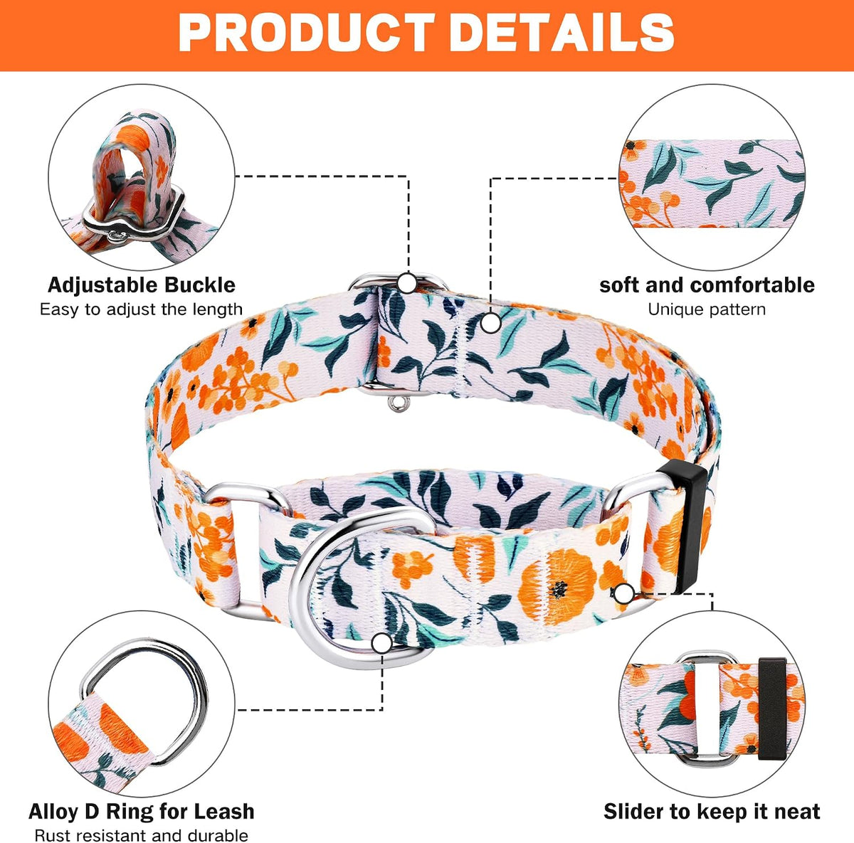 Hikiko Martingale Dog Collar Without Buckle - Retro Orange Flower / Large - image 4