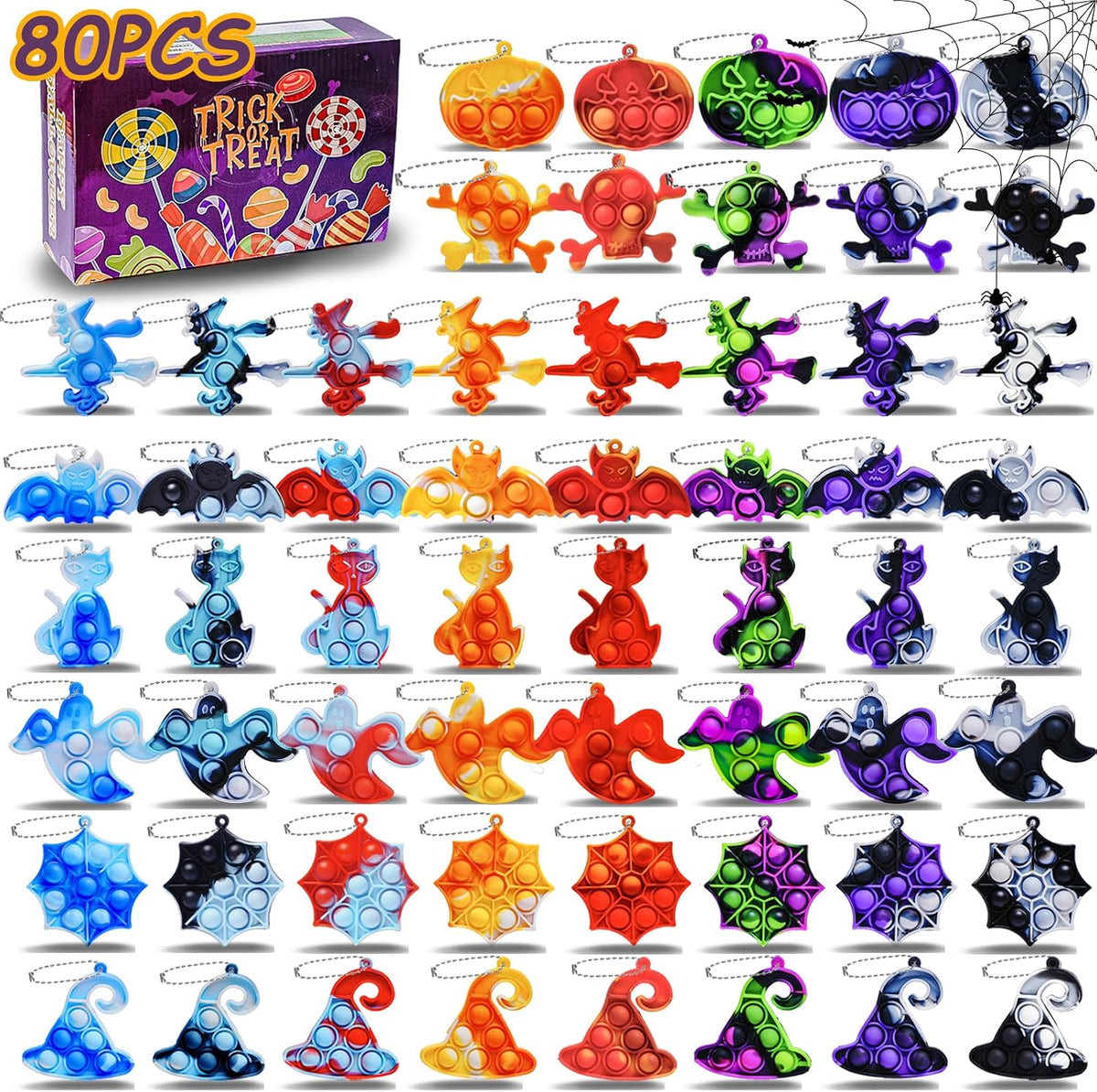 ZEAYOU 80-piece Halloween pop fidget keychains in pumpkin, bat and ghost shapes