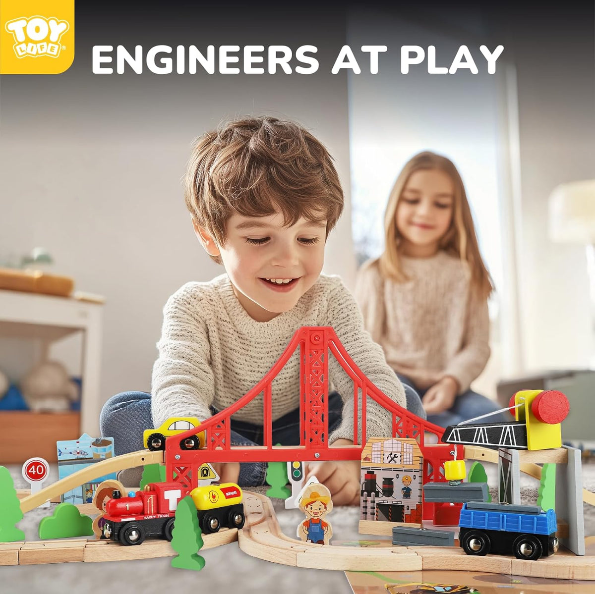 TOY Life Wooden Train Set with Crane, 60-Pc Track, Boys 3-8 – Fun for Kids & Family - 80 PCS Wooden Train set - image 4