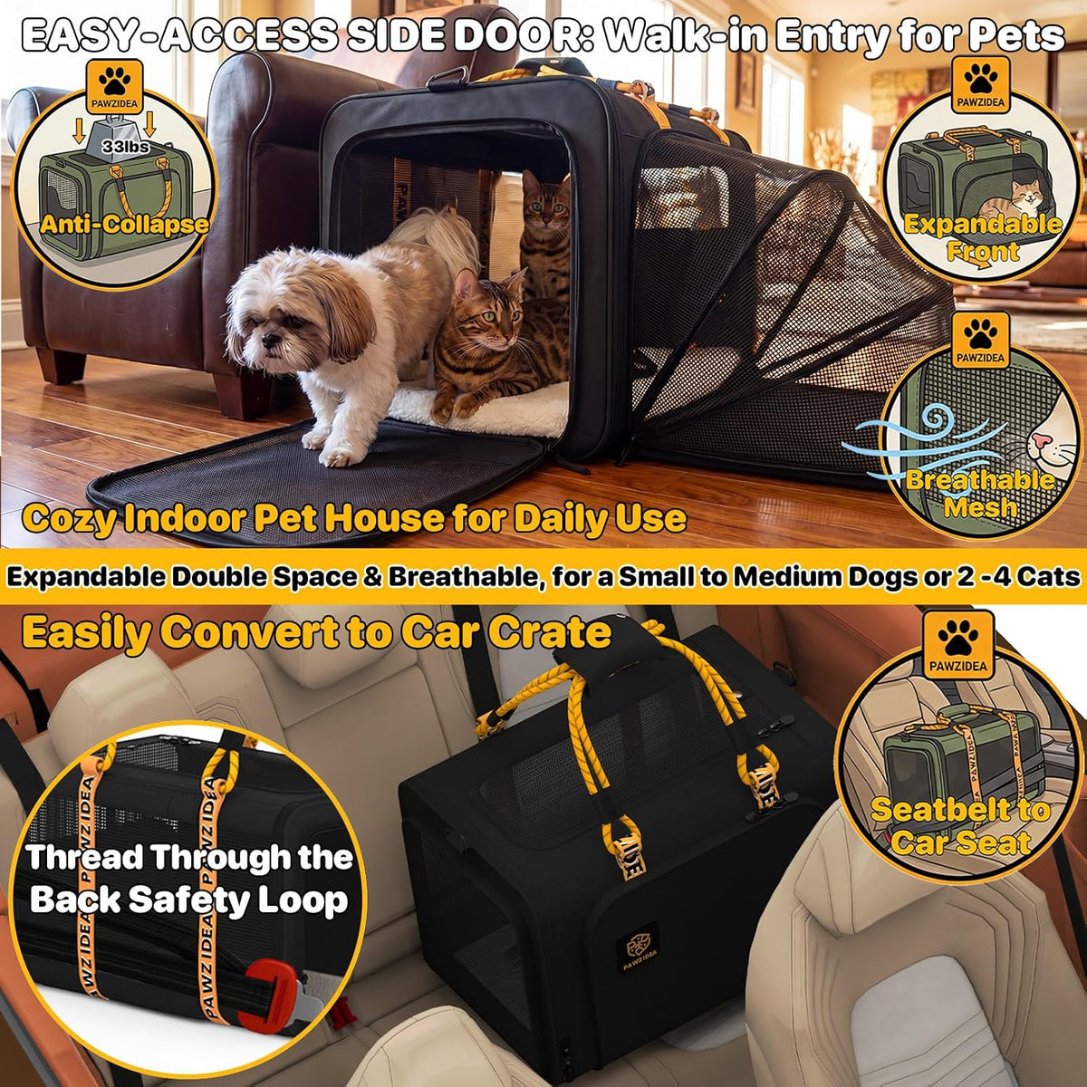 Expandable Pet Carrier for Small Cats & Dogs - 24.0"L x 16.0"W x 16.0"H / Black Warrior - image 4