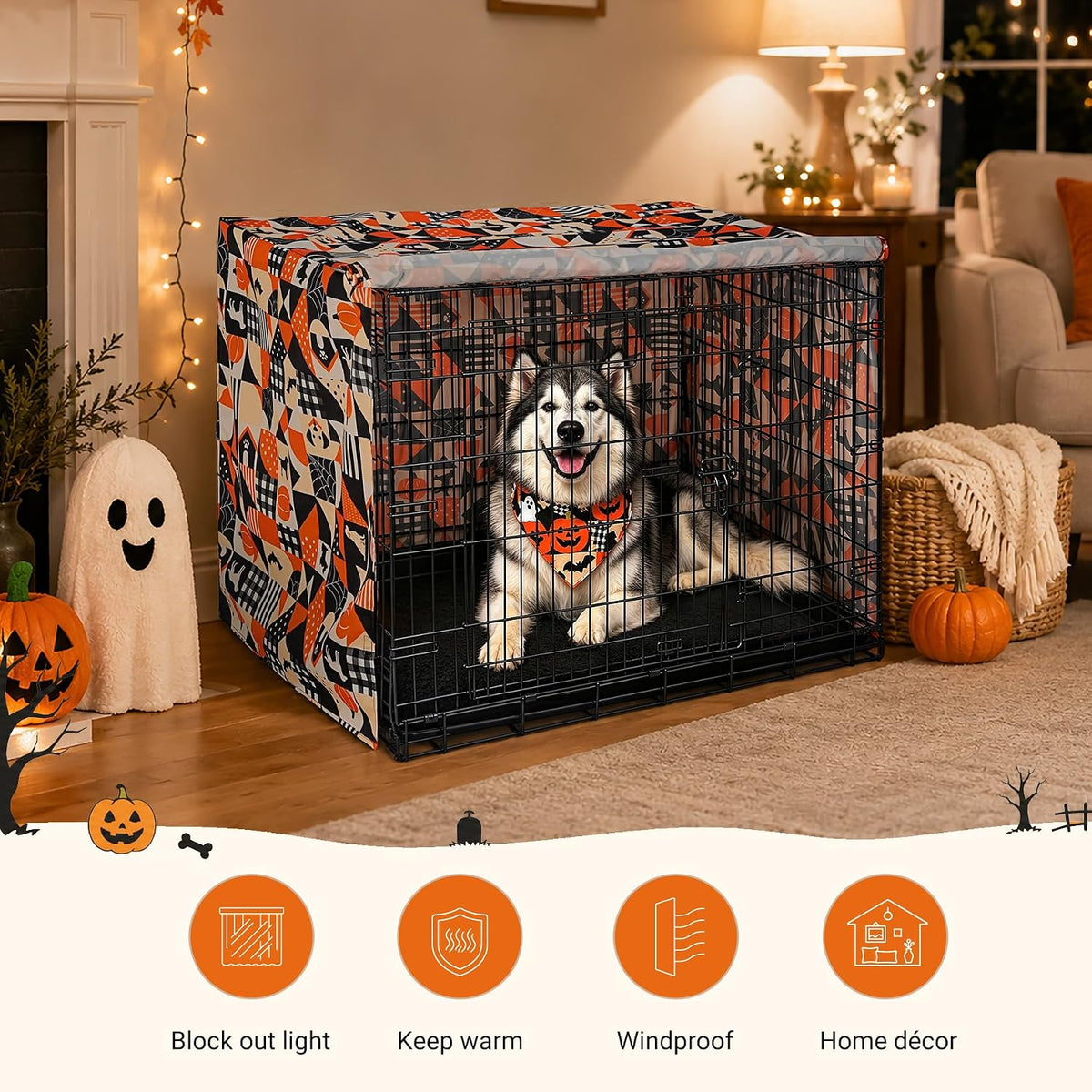 Explore Land Dog Crate Cover - Orange Dog Grid / 48.0"L x 30.0"W x 33.0"H - image 4