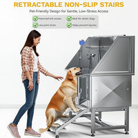 DWVO Professional Pet Dog Bathing Station for Grooming, 50'' Dog Grooming Bathtub with Right Staris, Floor Grate, Faucet, Showerhead & Soap Holder for Large, Medium & Small Pets