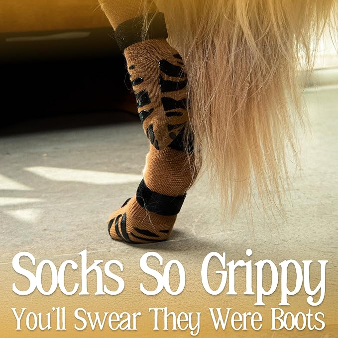 DOK TigerToes Premium Non-Slip Dog Socks for Hardwood Floors - Extra-Thick Grip That Works Even When Twisted - Prevents Licking, Slipping, and Great for Dog Paw Protection (Cool Caramel, X-Large)