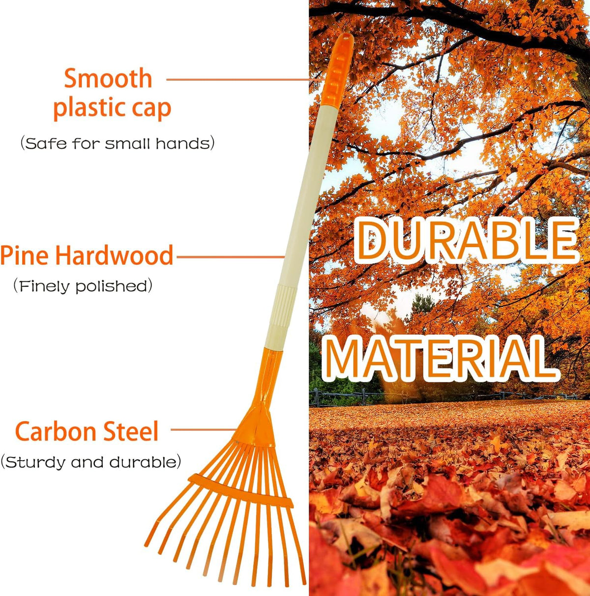 POMIKU kids rakes, four orange child size leaf rakes with wooden handles - view 6